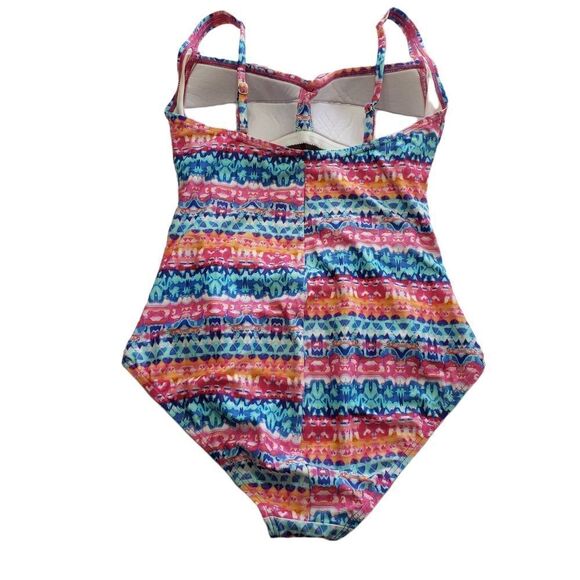 Emerald Bay Multicolored Twist-Front Side Ruched One Piece Swimsuit Size 12 - Picture 2 of 13